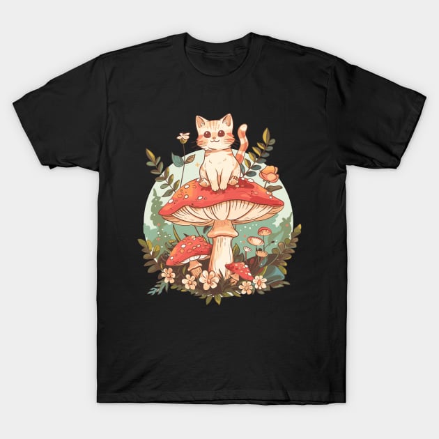 Botanical Cottagecore Kawaii Fan Cute mushroom Cat Floral Garden Kitten T-Shirt by RetroZin